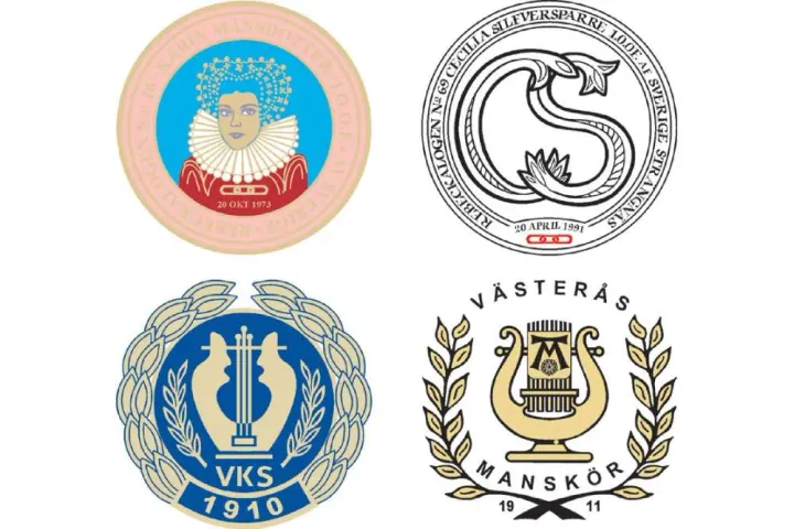 Föreningsemblem, bland andra VKS 1910 och Västerås Manskör